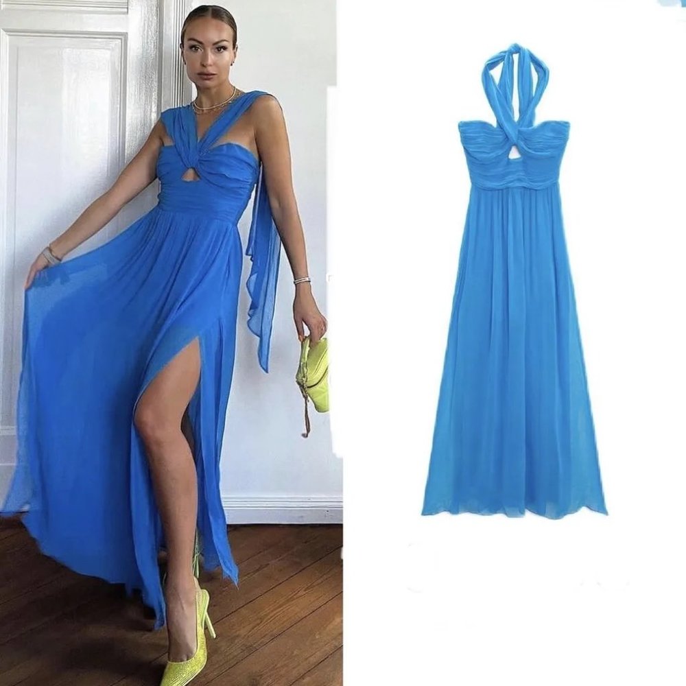 Zara Chiffon Halter Cut Out Maxi Dress Side Slits Blogger's Favourite Size XL